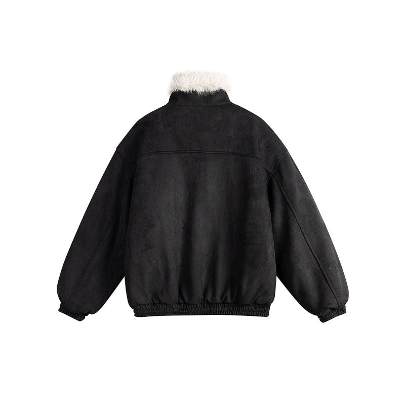 Women's short-cut bomber jacket in lambskin look with high stand-up collar and faux fur trim Fashion Glam