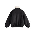 Women's short-cut bomber jacket in lambskin look with high stand-up collar and faux fur trim Fashion Glam