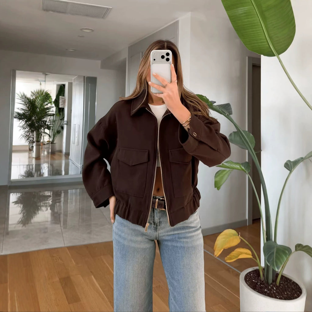 Women's Boxy Cropped Utility Jacket with Zipper Flap Pockets and Elastic Hem Fashion Glam