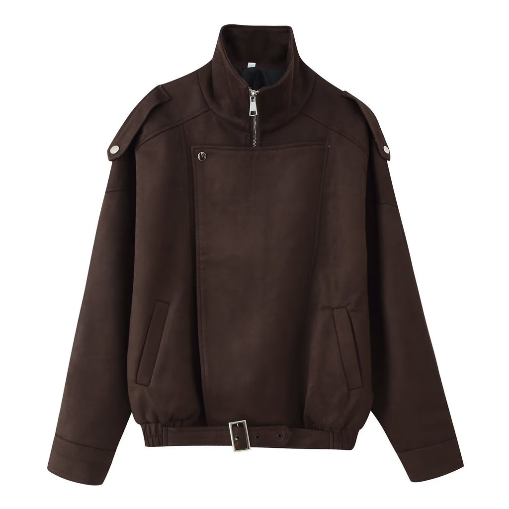 Women's short jacket in biker blouson style with belt and asymmetrical flap Fashion Glam