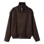 Women's short jacket in biker blouson style with belt and asymmetrical flap Fashion Glam