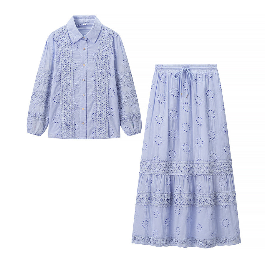 Ladies Two-Piece Embroidered Anglaise Set with Button Blouse and Tiered Maxi Skirt Fashion Glam