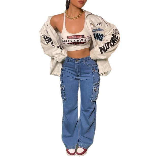 Women's Cargo Denim Pants with Wide Leg, High Waist & Multifunctional Flap Pockets Fashion Glam