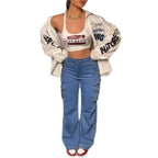 Women's Cargo Denim Pants with Wide Leg, High Waist & Multifunctional Flap Pockets Fashion Glam