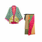 Women's Patterned Silk Kimono with Ties and Wide Batwing Sleeves Fashion Glam