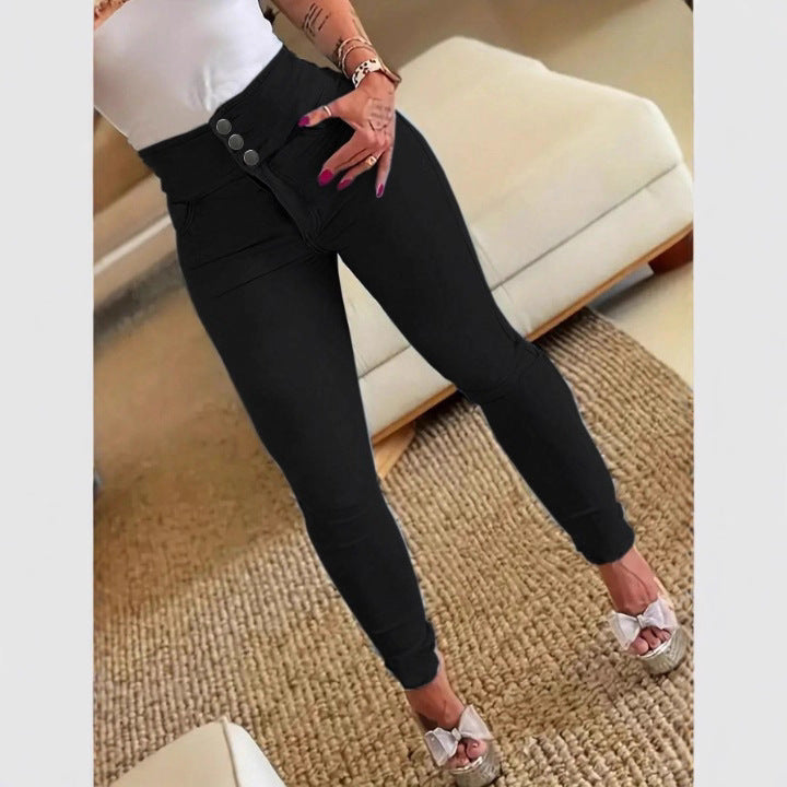 Women high-waisted shaping skinny jeans leggings with double button waistband Fashion Glam