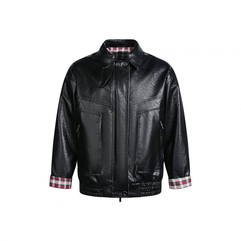 Men's faux leather blouson with check lining, zipper and elastic hem Fashion Glam