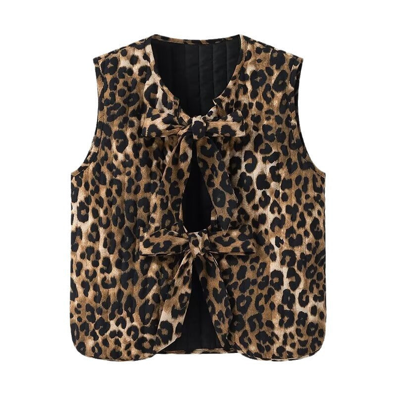Women's Sleeveless Knit Vest with Leopard Print and Decorative Ties Fashion Glam