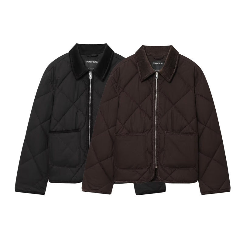 Women's short jacket quilted bomber with cord collar, front zipper and patch pockets Fashion Glam