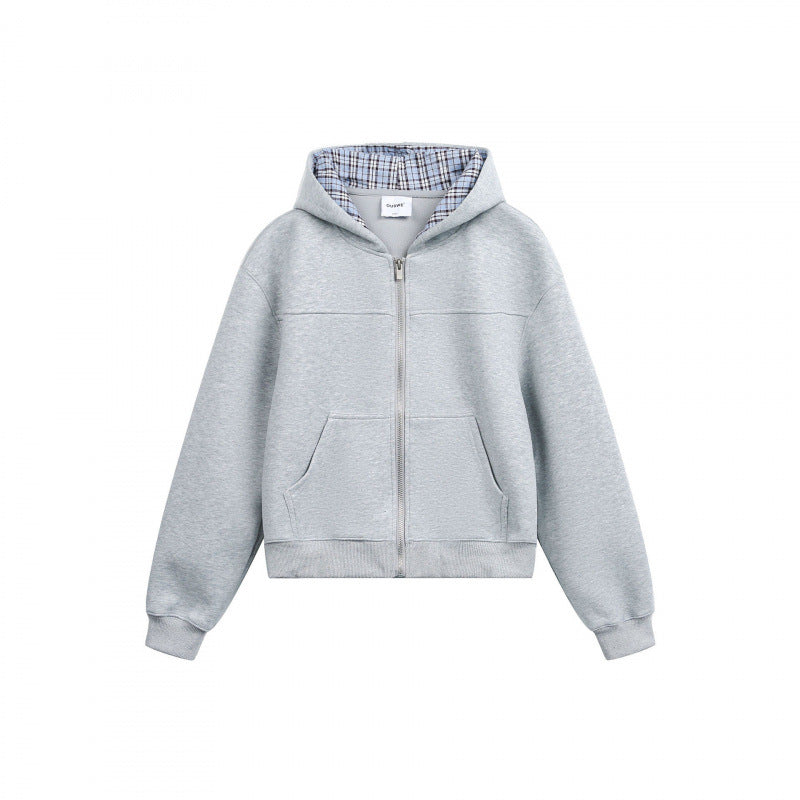 Women's Boxy Hooded Sweat Jacket with Full Zip, Checkered Lined Hood and Kangaroo Pockets Fashion Glam