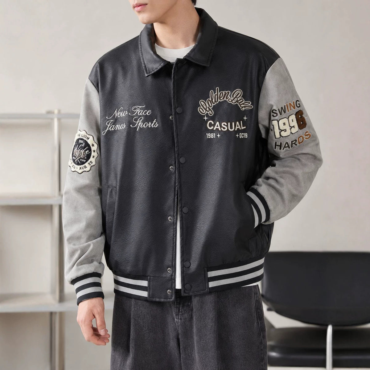 Men's Varsity Faux Leather College Jacket with Contrast Sleeves, Embroidered Patches and Ribbed Hem Fashion Glam