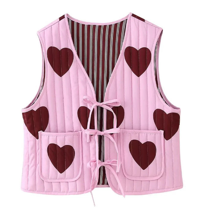Women quilted vest with heart appliqués and ties Fashion Glam