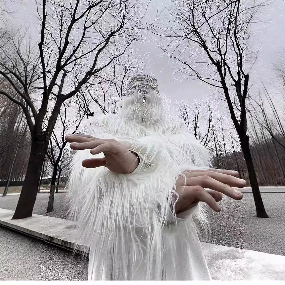 Men's Statement Faux Fur Jacket with Long Shaggy Sleeves and Asymmetrical Zipper Fashion Glam