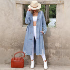 Women's Long Denim Trench Coat with Distressed Hem and Double-Breasted Button Placket Fashion Glam