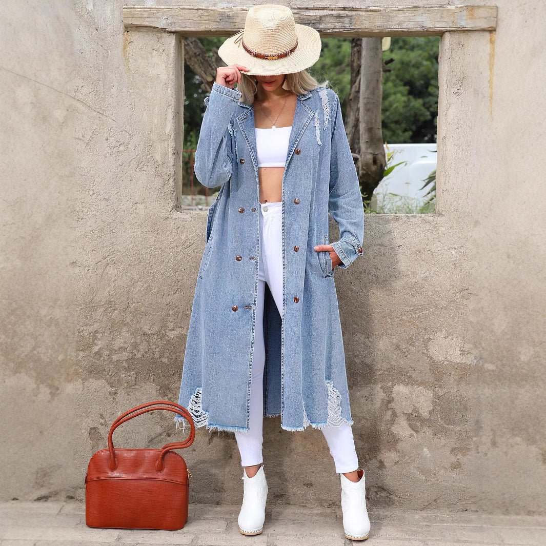 Women's Long Denim Trench Coat with Distressed Hem and Double-Breasted Button Placket Fashion Glam