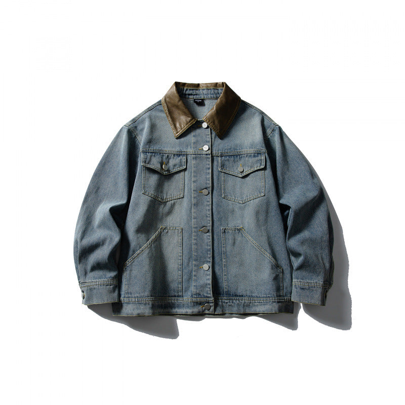 Unisex Boxy Denim Jacket with Leather Collar, Snap Button Placket and Flap Pockets Fashion Glam