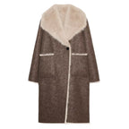 Women's Long Faux Fur Shearling Coat with Oversized Shawl Collar and Patch Pockets Fashion Glam