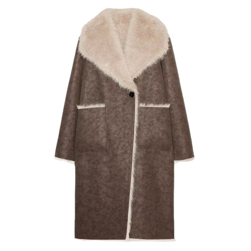 Women's Long Faux Fur Shearling Coat with Oversized Shawl Collar and Patch Pockets Fashion Glam