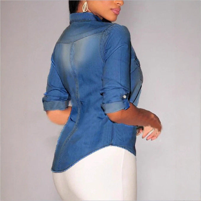 Women's tailored denim shirt blouse with chest pockets and pearl buttons Fashion Glam