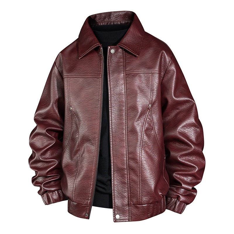 Men's faux leather bomber jacket with shirt collar, elastic waistband, and concealed zipper Fashion Glam