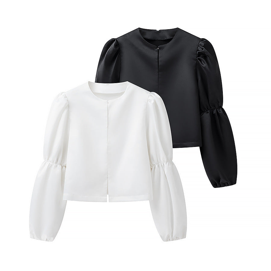 Ladies Glossy Satin Blouse with Voluminous Puff Sleeves Fashion Glam
