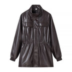 Women's Faux Leather Parka with Drawstring Waist and Chest Pockets Fashion Glam