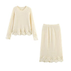 Women Boucle Knit Sweater with Lace Trim and Wavy Hem Fashion Glam
