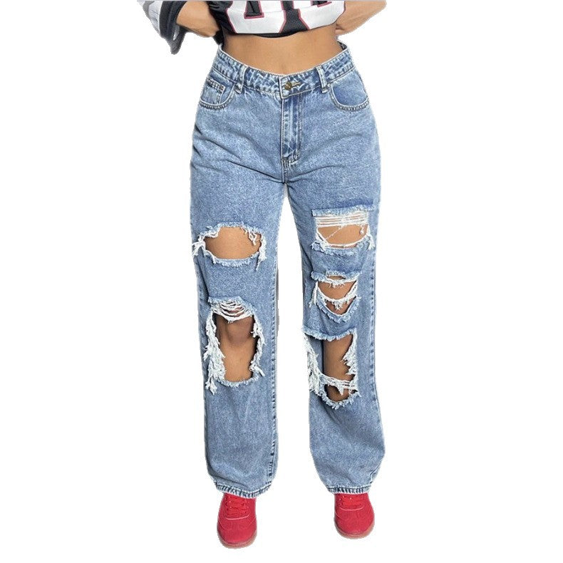 Womens High-Waisted Destroyed Baggy Jeans with Wide Leg and Knee Rips Fashion Glam