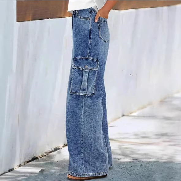 Women's high-waisted wide cargo denim pants in palazzo style with patch side pockets Fashion Glam
