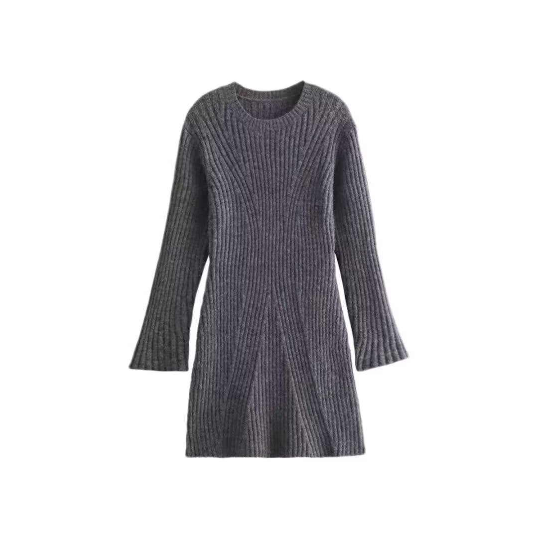 Women's Ribbed Knit Dress with Flared A-Line and Wide Cuffs Fashion Glam