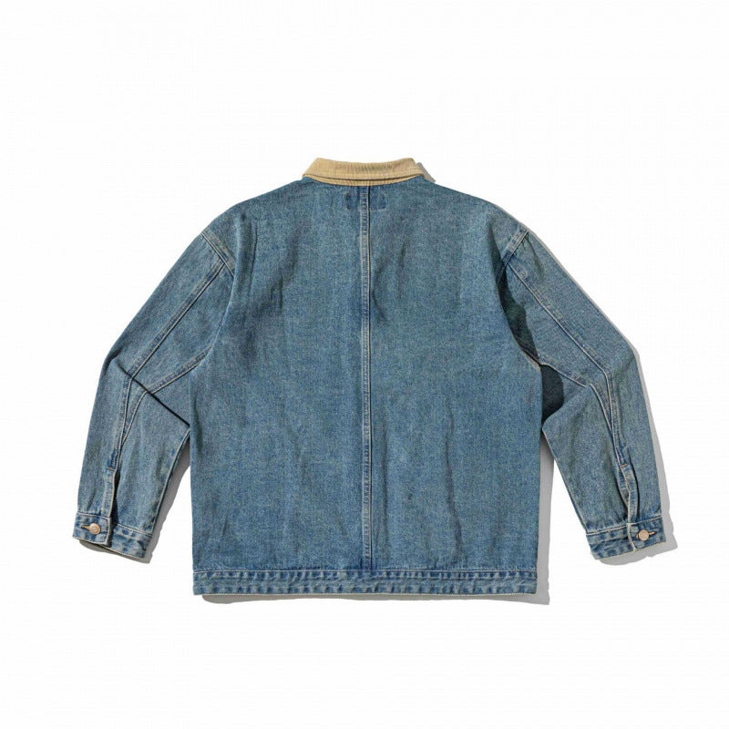 Unisex Boxy-Denim-Bomber Jacket with Cord Collar and Slanted Flap Pockets Fashion Glam