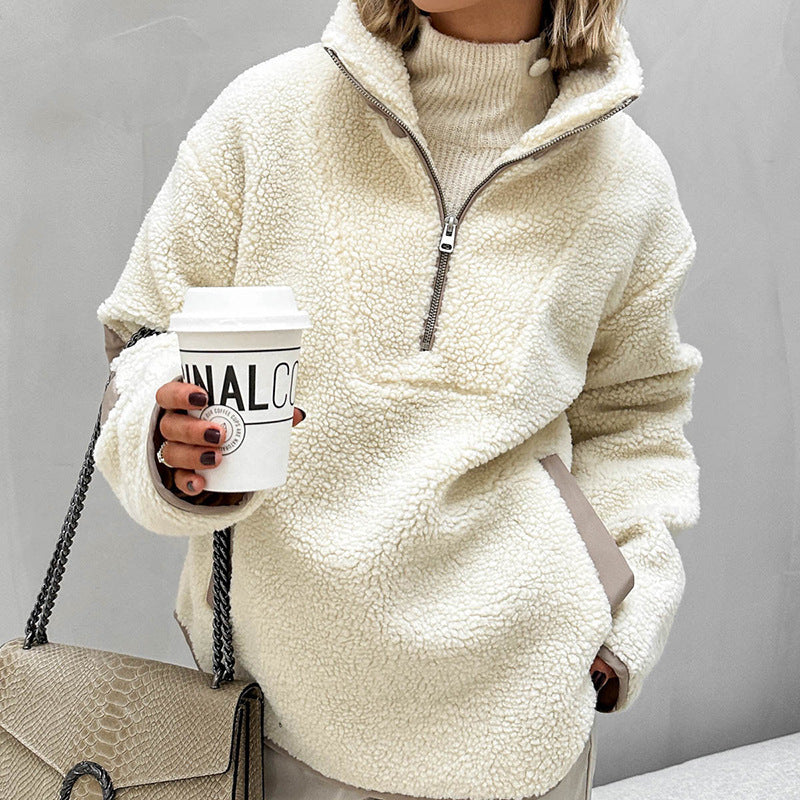Women's Oversized Sherpa-Fleece Pullover with Half Zipper and Kangaroo Pocket Fashion Glam