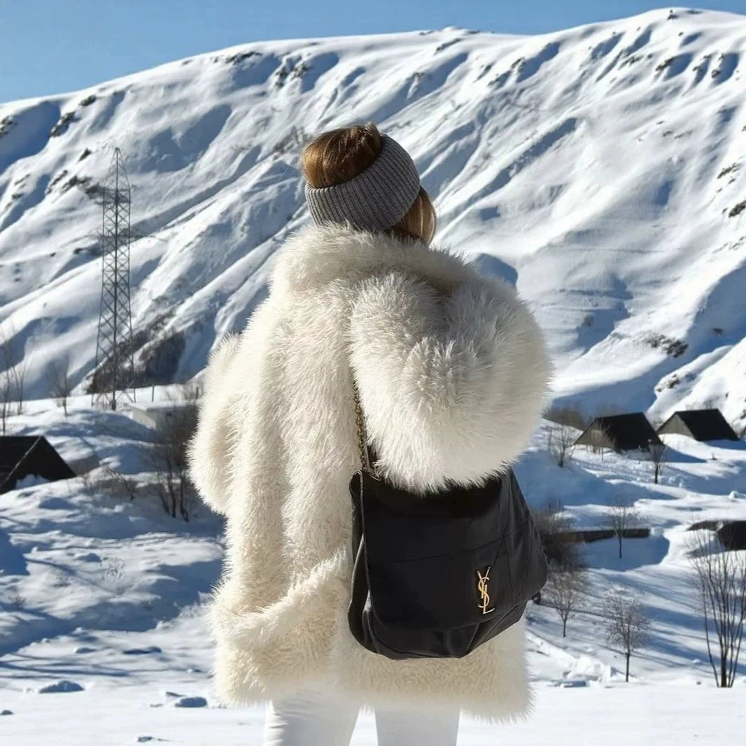 Women’s Maxi Faux Fur Coat with Voluminous Shawl Collar and Wrap Belt Fashion Glam