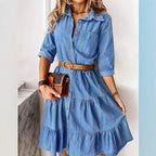 Women's Long Denim Dress with Tiered Skirt, Shirt Collar and Waist-Emphasizing Elastic Fashion Glam