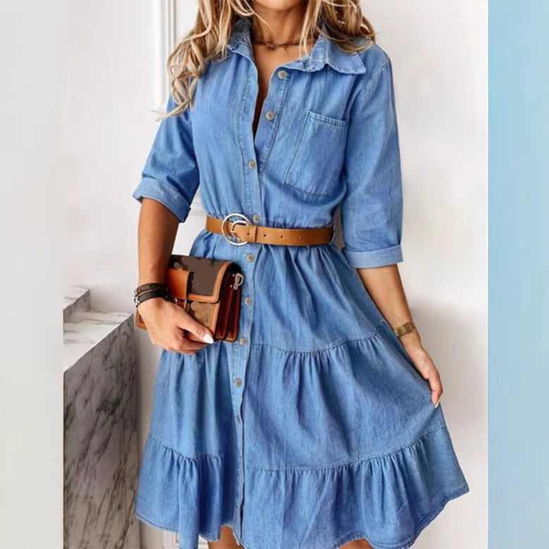 Women's Long Denim Dress with Tiered Skirt, Shirt Collar and Waist-Emphasizing Elastic Fashion Glam
