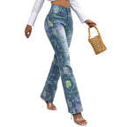 Women's High-Waisted Straight Jeans with Floral Allover Print and Slight Flare Fashion Glam