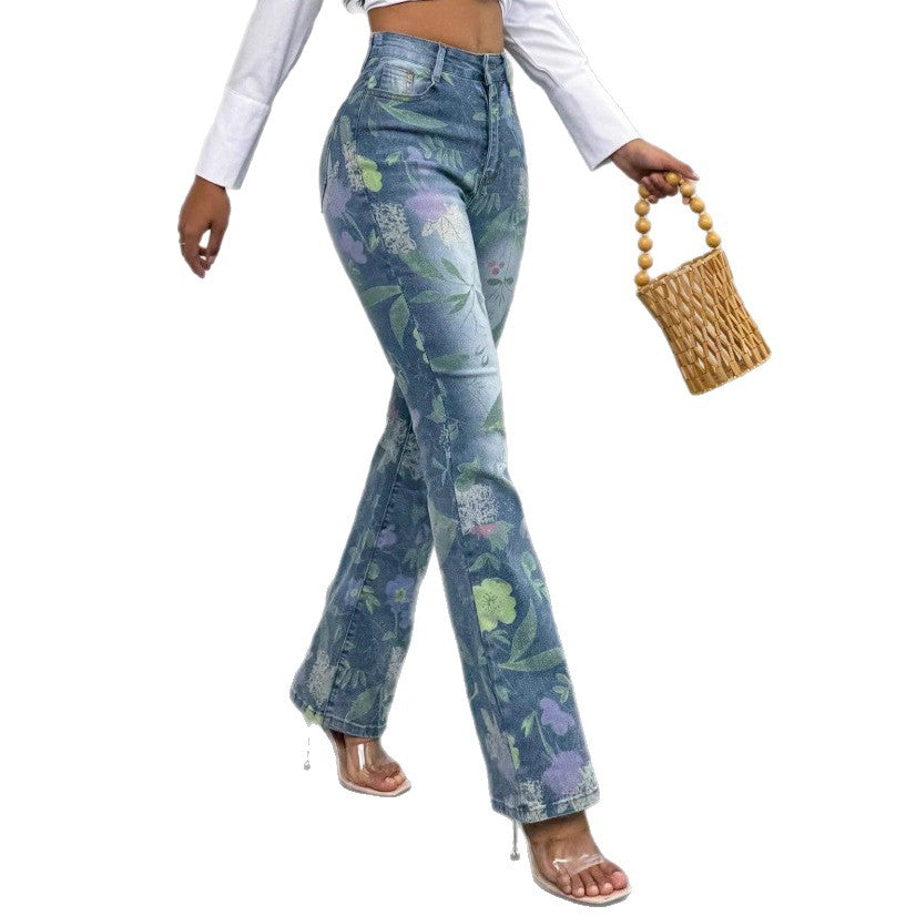 Women's High-Waisted Straight Jeans with Floral Allover Print and Slight Flare Fashion Glam