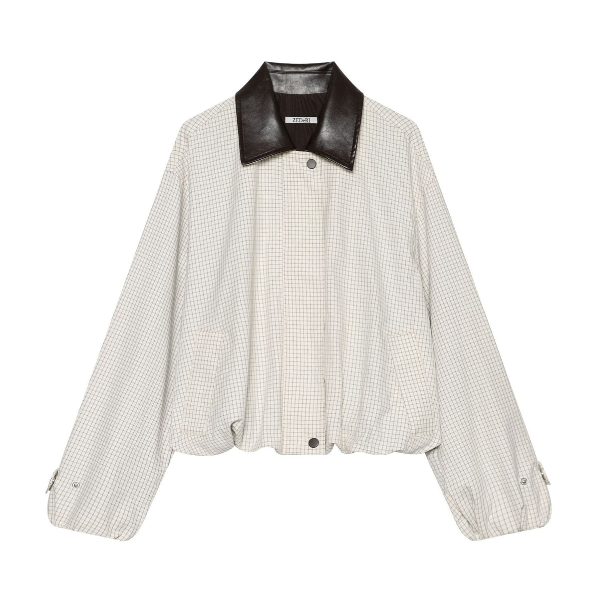 Women's Oversize Boxy Jacket with Check Pattern, Faux Leather Lapel and Drawstring Hem Fashion Glam