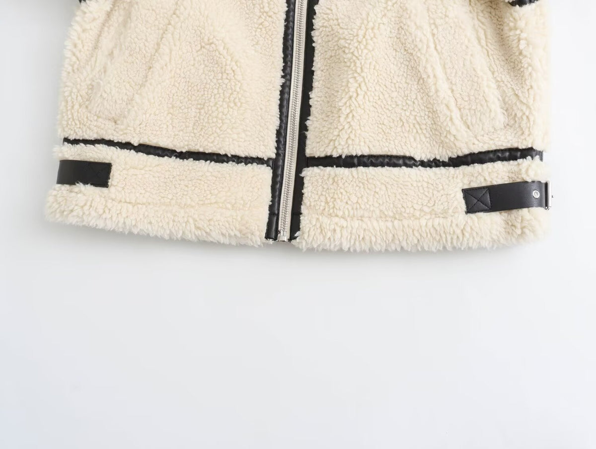 Ladies Oversize Teddy Jacket in Aviator Look with Contrast Seams and Webbing Details Fashion Glam