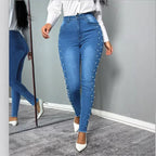 Women's shaping high-waisted skinny jeans with side pearl embellishment Fashion Glam