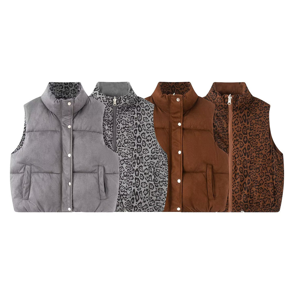 Women Padded Quilted Vest with High Stand-Up Collar and Leopard Print Lining Fashion Glam