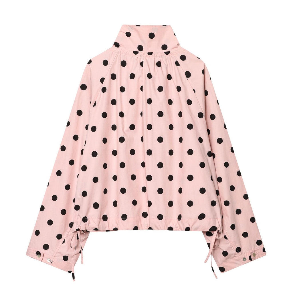 Women's Polka Dot Cropped Blouson Jacket with High Stand Collar, Drawstring and Button Placket Fashion Glam