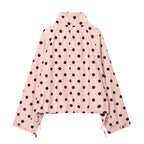 Women's Polka Dot Cropped Blouson Jacket with High Stand Collar, Drawstring and Button Placket Fashion Glam