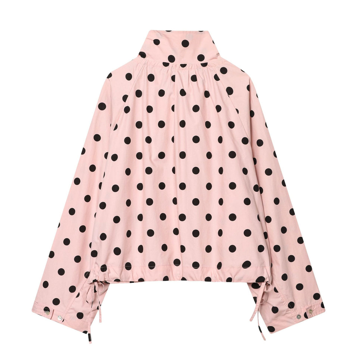 Women's Polka Dot Cropped Blouson Jacket with High Stand Collar, Drawstring and Button Placket Fashion Glam