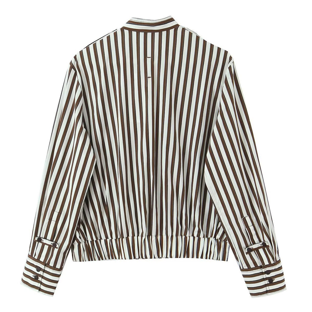 Women's Striped Blouson Shirt Blouse with Stand Collar, Shoulder Epaulettes, and Elastic Hem Fashion Glam