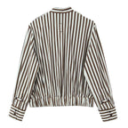 Women's Striped Blouson Shirt Blouse with Stand Collar, Shoulder Epaulettes, and Elastic Hem Fashion Glam