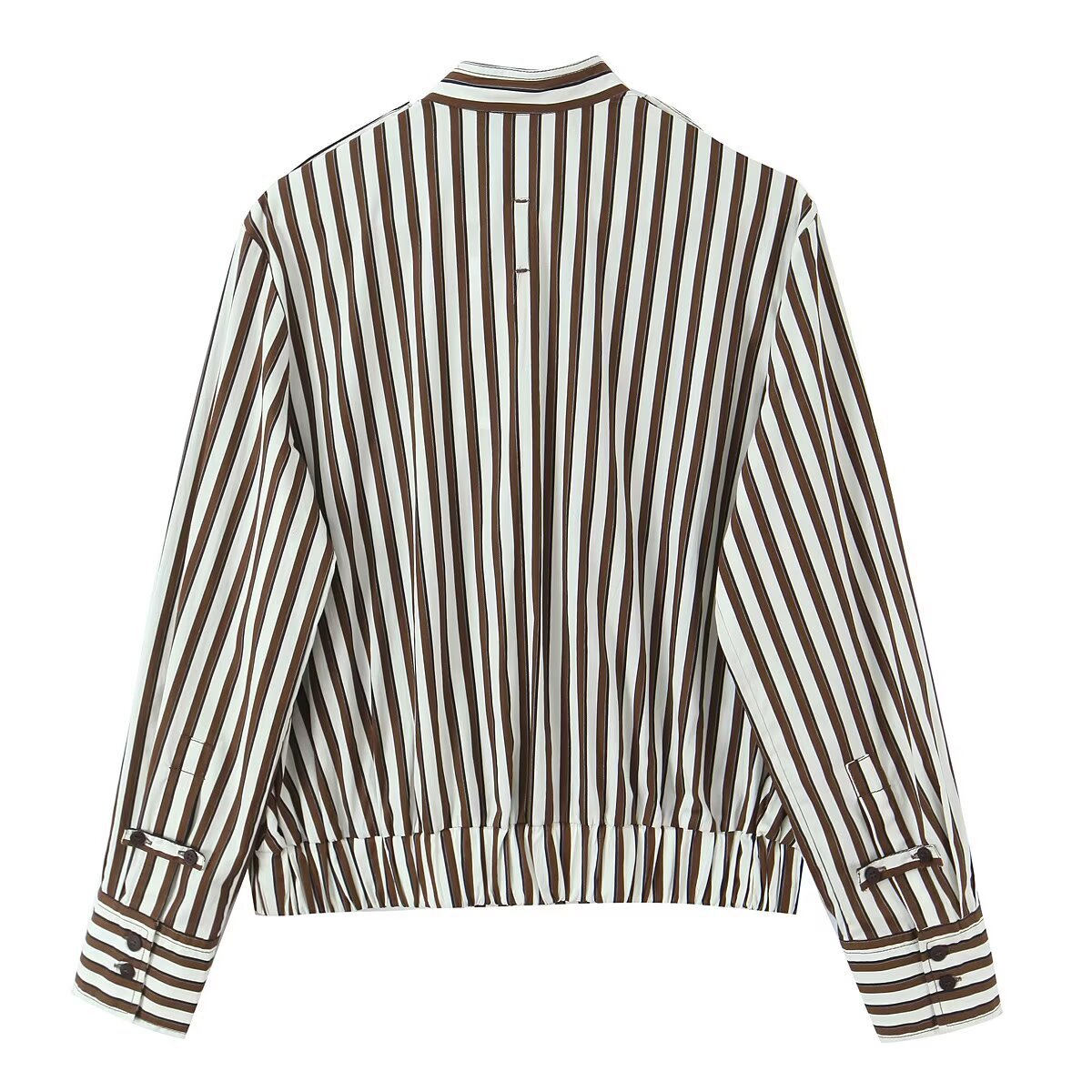 Women's Striped Blouson Shirt Blouse with Stand Collar, Shoulder Epaulettes, and Elastic Hem Fashion Glam