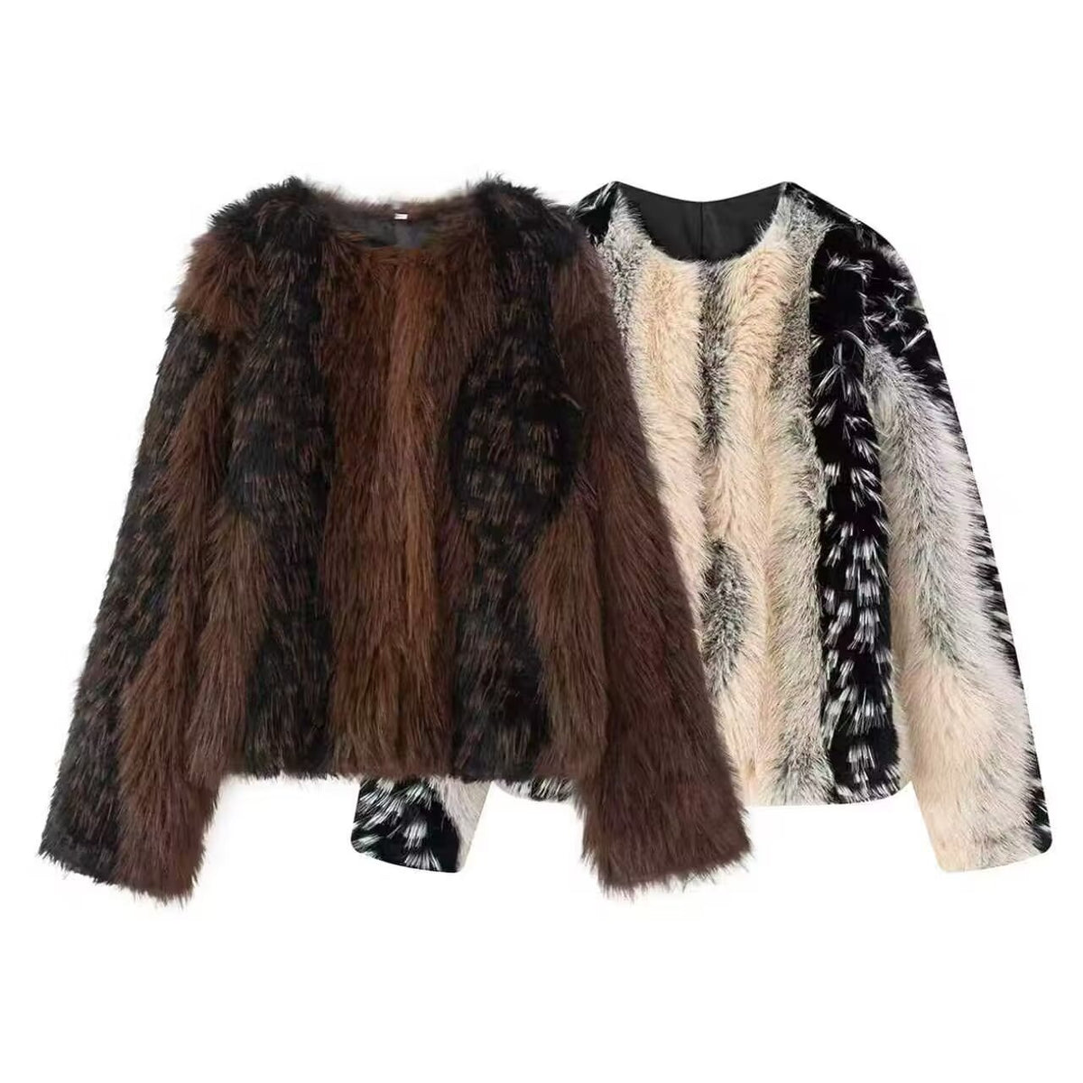 Women's Short Cut Faux Fur Jacket with Striped Fur Texture Fashion Glam