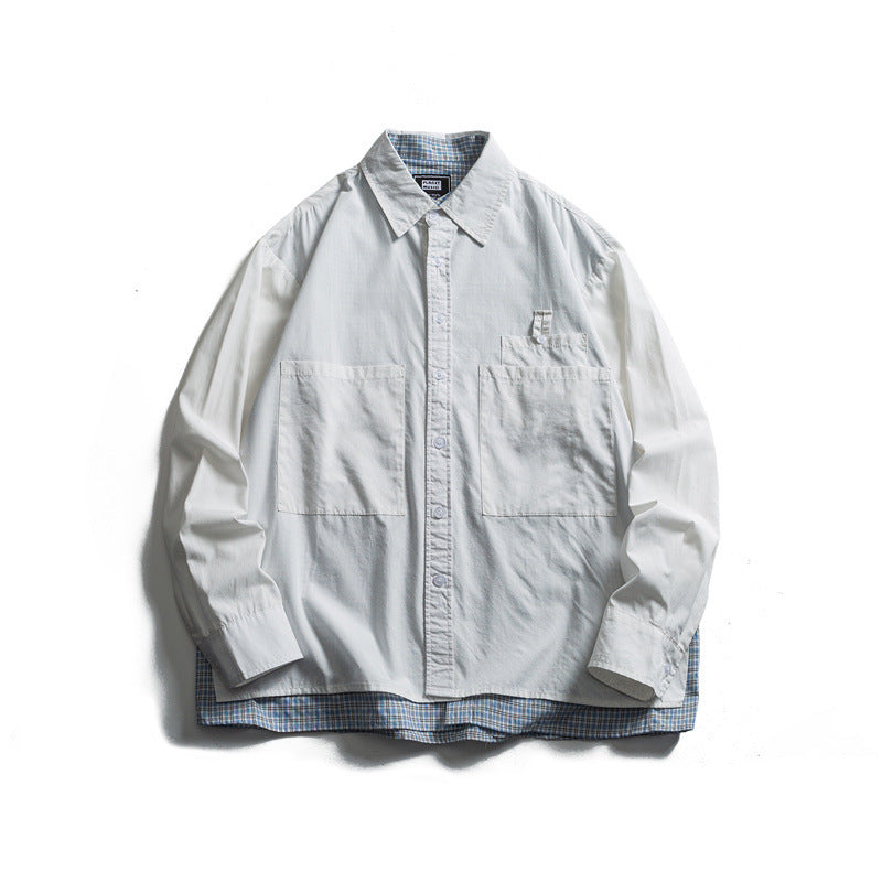 Men's layered look overshirt with patch front pockets, loose fit and checked underlay Fashion Glam