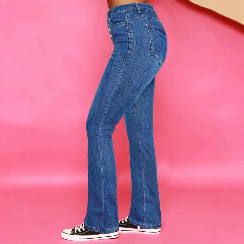 Women High-waisted Stretch Flared Jeans with visible button placket and sculpting fit Fashion Glam